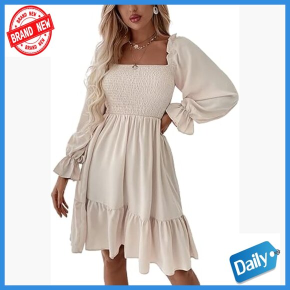 Square Neck Lantern Sleeve Ruffle Shirred Mini Dress Party Night Out